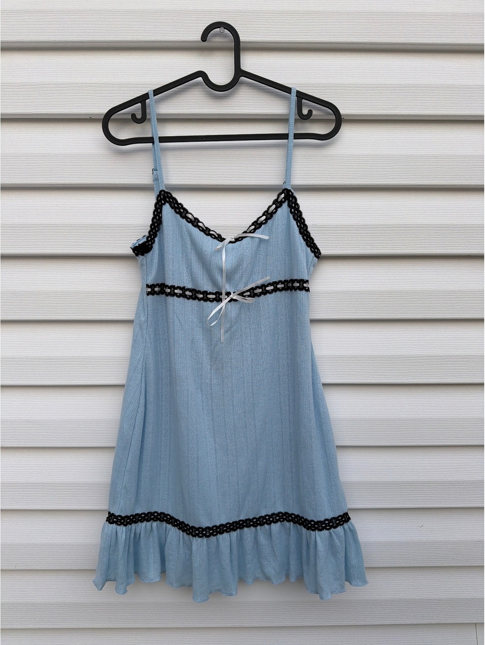 Fashion Nova Women's L Light Blue Black Lace Trim Ruffle Hem Mini Slip Dress NWT